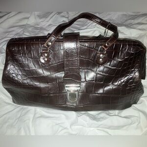 La Bagagerie dark brown crocodile embossed handbag with seatbelt buckle & zipper
